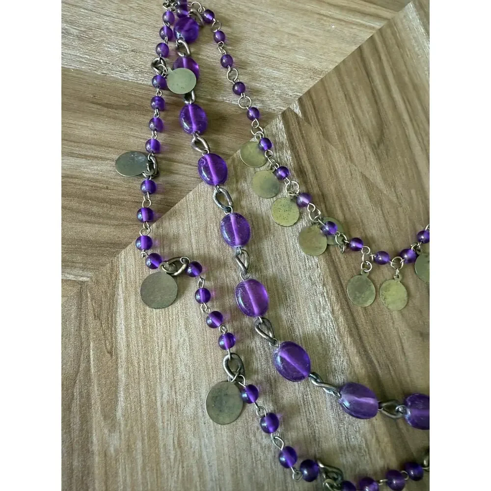 Vintage Multi-Layered Purple Beads Small Gold-Colored Disc & Chain Necklace